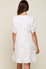 White Floral Jacquard Puff Sleeve Maternity Dress