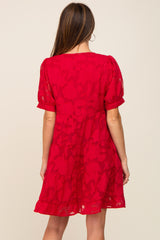 Red Floral Jacquard Puff Sleeve Dress