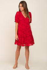 Red Floral Jacquard Puff Sleeve Dress