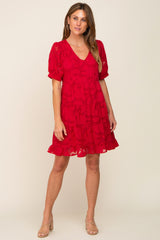 Red Floral Jacquard Puff Sleeve Dress