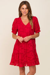 Red Floral Jacquard Puff Sleeve Dress