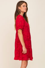 Red Floral Jacquard Puff Sleeve Dress