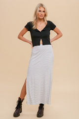 White Striped Side Slit Maxi Skirt