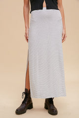 White Striped Side Slit Maxi Skirt