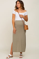 Light Olive Striped Side Slit Maternity Maxi Skirt