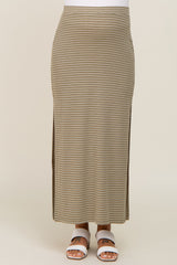 Light Olive Striped Side Slit Maternity Maxi Skirt