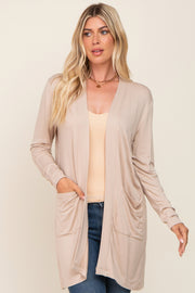 Beige Open Front Side Pocket Cardigan