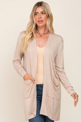 Beige Open Front Side Pocket Maternity Cardigan