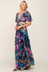 Black Multi Color Floral Puff Sleeve Cutout Maxi Dress