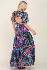 Black Multi Color Floral Puff Sleeve Cutout Maxi Dress