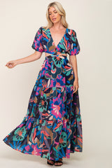 Black Multi Color Floral Puff Sleeve Cutout Maxi Dress