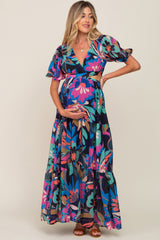 Black Multi Color Floral Puff Sleeve Cutout Maternity Maxi Dress