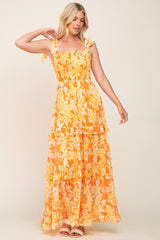 Yellow Leaf Print Shoulder Tie Tiered Dress