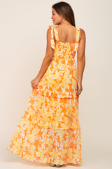 Yellow Leaf Print Shoulder Tie Tiered Maternity Dress