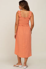 Peach Square Neck Smocked Sleeveless Maternity Midi Dress