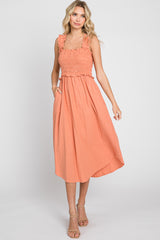 Peach Square Neck Smocked Sleeveless Maternity Midi Dress