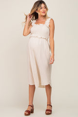 Beige Square Neck Smocked Sleeveless Maternity Midi Dress