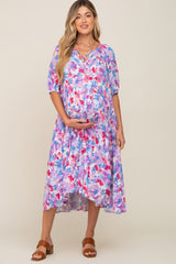 Lavender Floral Tiered Short Sleeve Maternity Midi Dress