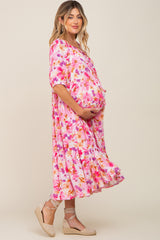 Fuchsia Floral Tiered Short Sleeve Maternity Midi Dress