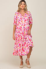 Fuchsia Floral Tiered Short Sleeve Maternity Midi Dress