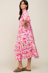 Fuchsia Floral Tiered Short Sleeve Midi Dress