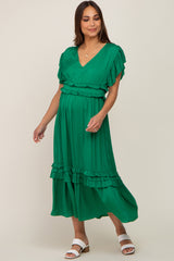 Green Ruffle Accent V-Neck Maternity Midi Dress