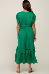 Green Ruffle Accent V-Neck Maternity Midi Dress