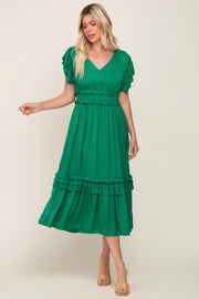 Green Ruffle Accent V-Neck Midi Dress