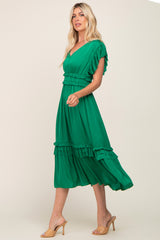 Green Ruffle Accent V-Neck Midi Dress