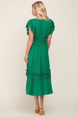 Green Ruffle Accent V-Neck Midi Dress