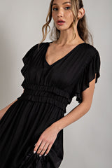 Black Ruffle Accent V-Neck Midi Dress