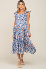 Blue Floral Smocked Frill Sleeve Maternity Midi Dress