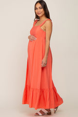 Coral Sleeveless Ruffe Hem Maternity Maxi Dress