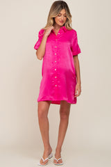 Fuchsia Satin Button Front Short Sleeve Maternity Dress