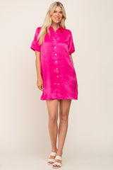 Fuchsia Satin Button Front Short Sleeve Dress