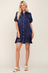 Navy Blue Satin Button Front Short Sleeve Dress