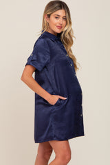 Navy Blue Satin Button Front Short Sleeve Maternity Dress