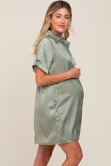 Light Olive Satin Button Front Short Sleeve Maternity Dress