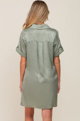 Light Olive Satin Button Front Short Sleeve Maternity Dress