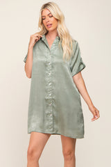 Light Olive Satin Button Front Short Sleeve Maternity Dress