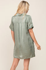 Light Olive Satin Button Front Short Sleeve Dress