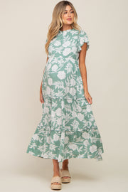 Light Olive Floral Tiered Ruffle Accent Maternity Maxi Dress