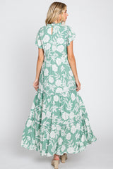 Light Olive Floral Tiered Ruffle Accent Maxi Dress