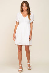 Ivory Smocked Textured V-Neck Dress