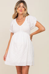 Ivory Smocked Textured V-Neck Maternity Dress