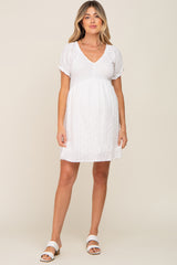 Ivory Smocked Textured V-Neck Maternity Dress