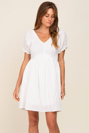 Ivory Smocked Textured V-Neck Dress