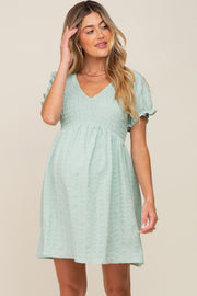 Mint Green Smocked Textured V-Neck Maternity Dress