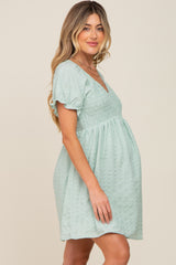 Mint Green Smocked Textured V-Neck Maternity Dress