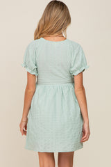 Mint Green Smocked Textured V-Neck Maternity Dress